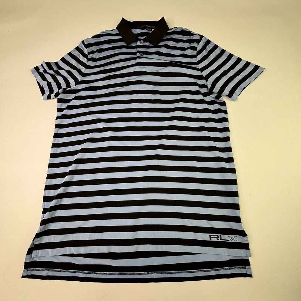 RLX Ralph Lauren Polo Shirt Mens Medium Blue Stripe Golf Performance Knit‎